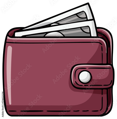 Maroon leather wallet filled with paper currency notes and secure snap closure