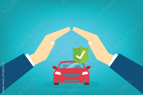 Car with a protective hands. For security concepts, protection of private property. Insurance, mortgage, credit.	