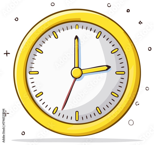 Cartoon style clock with hands showing the time in yellow circle frame