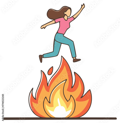 Woman jumping over flames of fire in a hand drawn cartoon illustration