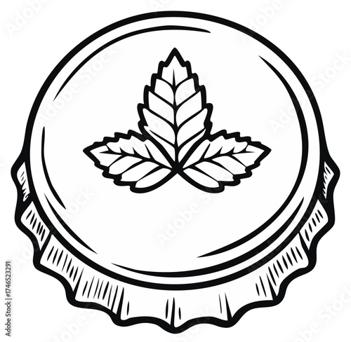 Black and White Bottle Cap Illustration with Leaf Design, Brewery Concept