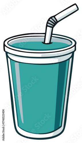 Simple cartoon style vector illustration of a cold teal beverage in a plastic cup with a straw