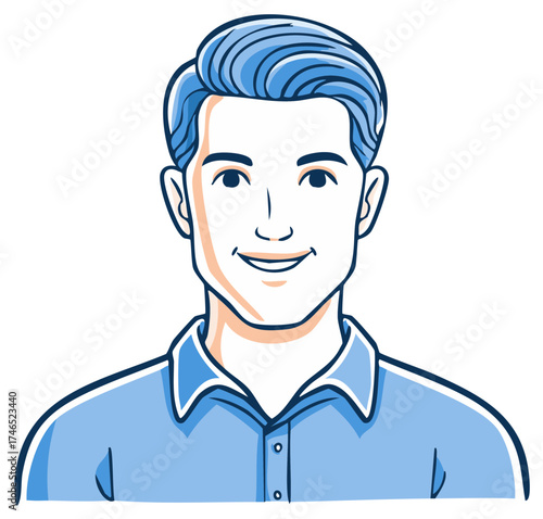 Smiling Cartoon Man Illustration with Blue Hair and Shirt, Positive Expression, Modern Design, Optimistic Person, Flat Vector Art