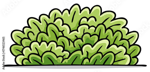Cartoon style trimmed green hedge, garden shrub with vibrant leaves and dark outlines, ideal for landscaping illustration, cartoon hedges