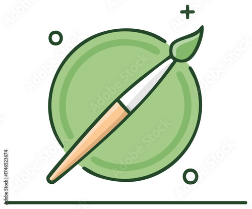 Artistic paintbrush with green circle symbol and decorative dots for creative projects