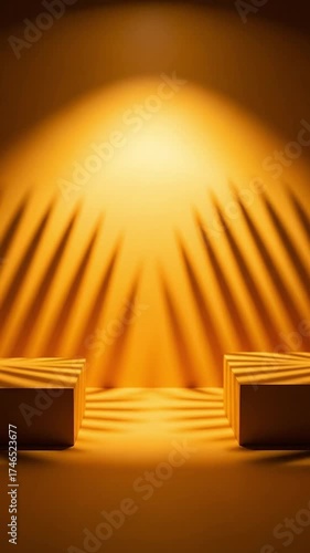 This visually appealing abstract background features two minimalist rectangular display stands, perfectly suited for showcasing products or concepts. Warm, golden ambient lighting creates a serene and