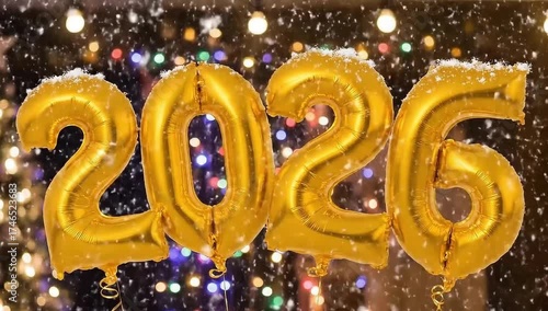 An animation of gold foil balloons forming the number 2026. This beautiful and festive video features gently falling snow against a warm, sparkling bokeh background