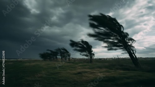 Dark storm clouds loom over a landscape with wind-swept trees bending dramatically