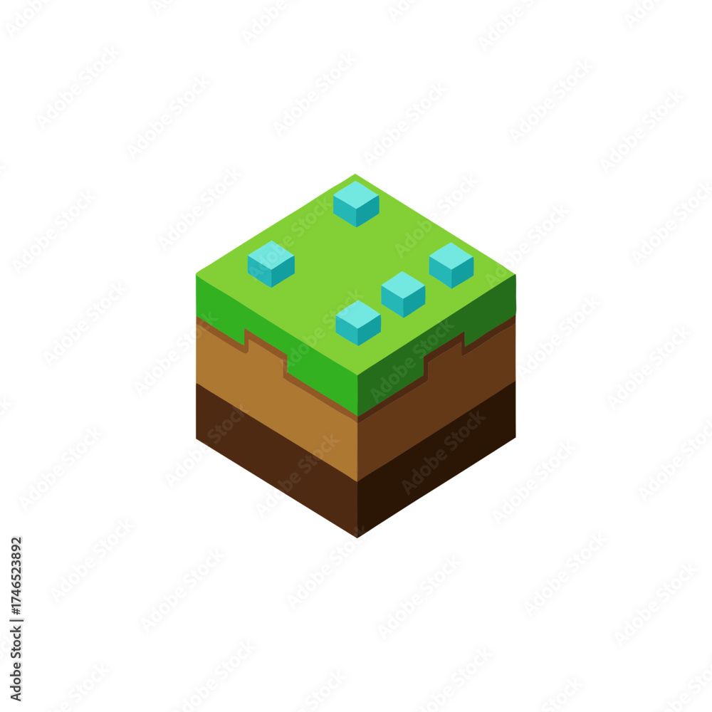 Fototapeta premium Isometric pixelated terrain block vector illustration scalable game asset design