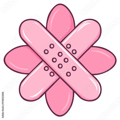 Pink flower with crossed band aids, a symbol of healing, care, and health
