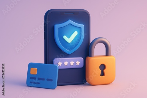 3D render smartphone, credit card, padlock symbolize digital security & online payment
