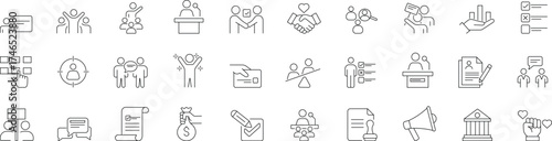  Voting and Politics Line Icon Set 30 editable outline icons featuring ballot box, vote, election, campaign, debate, political party, and democracy symbols. Perfect for civic education, government 