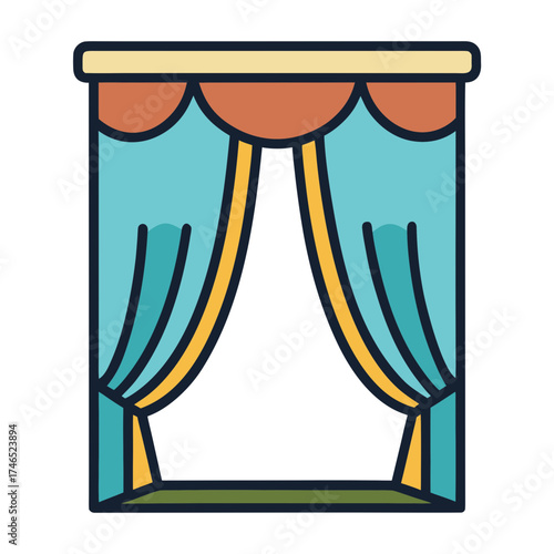 Elegant blue curtains with decorative valance window dressing vector illustration icon
