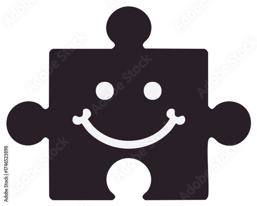 Happy Puzzle Piece Icon Illustration, Square Shape, Smiling Face, Black and White