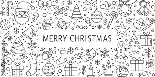 Merry Christmas festive illustration, holiday icons, Santa Claus, decorations, ornaments, gifts, snowflakes, seasonal celebration, winter joy, festive artwork