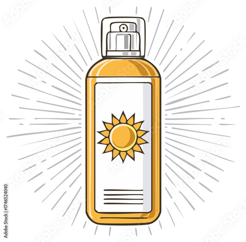Sunscreen spray bottle illustration with sunburst rays