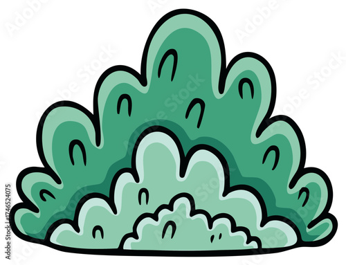 Stylized green foliage with curved shapes and black outlines a playful cartoon design element