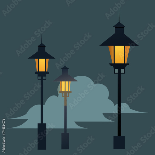 Vintage street lamps glow through dense fog vector illustration for atmospheric scenes