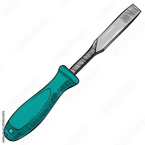 Illustration of a blue handled metal chisel used for woodworking craft projects and demolition work, viewed diagonally