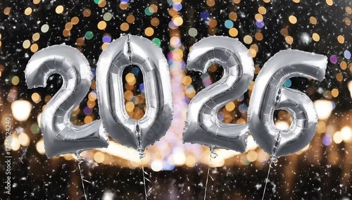 A beautiful and festive animation of silver foil balloons showing the numbers 2026. Gently falling snow and colorful bokeh lights create a magical New Year's Eve atmosphere