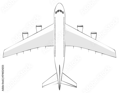 Top View Illustration of a Wide-Bodied Jet Airplane with Four Engines