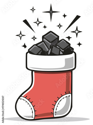 Cartoon Christmas Stocking Filled With Coal Illustration Sparks Decorations