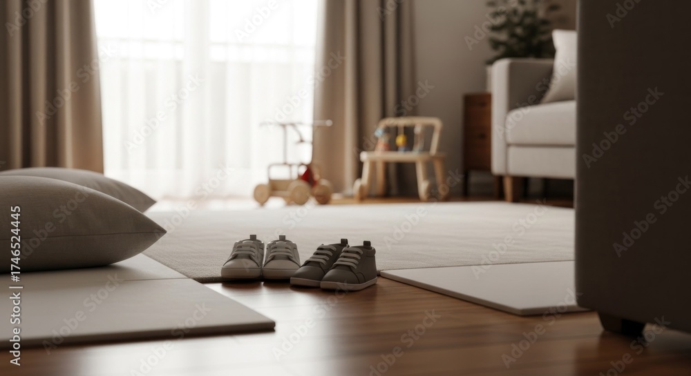 © mlangsen - A cozy, sunlit living room with small baby shoes, pillows, and wooden toys on the floor © mlangsen - A cozy, sunlit living room with small baby shoes, pillows, and wooden toys on the floor