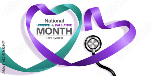 November Is National Hospice and Palliative Month. Ribbon and stethoscope. Suitable for posters, banners and social media. White background.