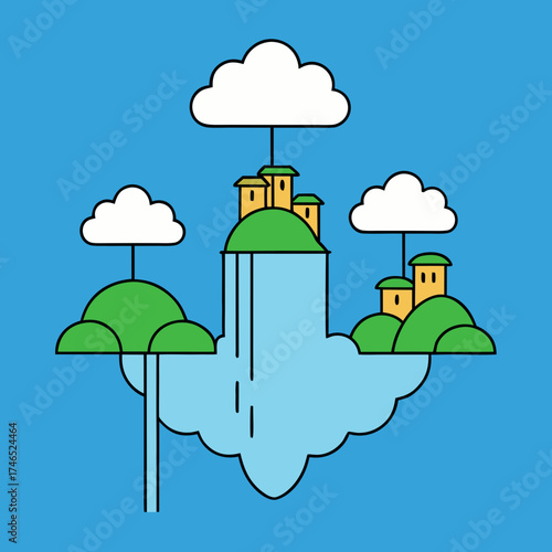 Fantasy world with floating islands and giant waterfalls vector illustration