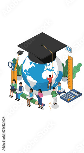 Illustrating the concept of global education with students and academic symbols.