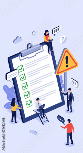Checklist with people and warning sign assessing important tasks and decisions.