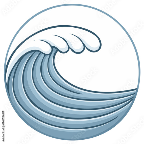 Stylized cartoon wave crests within circular frame symbolizes ocean strength and simplicity in aquatic themed graphics.