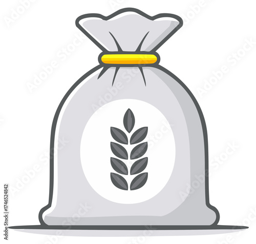 Cartoon illustration of a white sack of grains with a wheat symbol and a gold ring