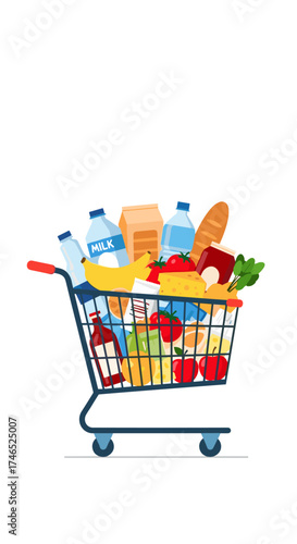 A full shopping cart filled with various groceries and fresh produce items.