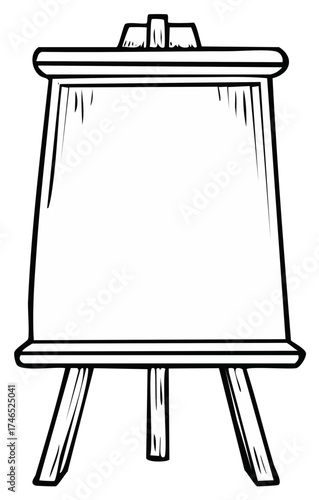 Hand drawn illustration of a wooden art easel with a blank canvas