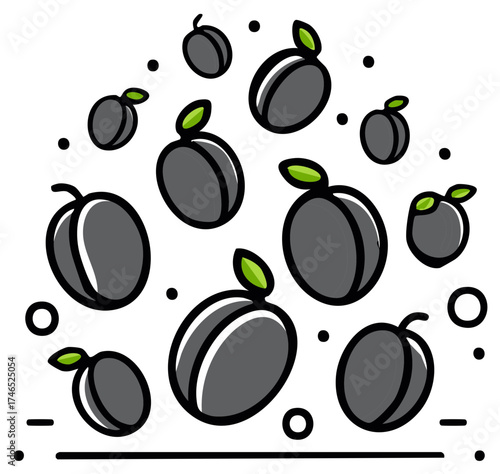 Stylish Arrangement of Black Plums with Green Leaves on White Background