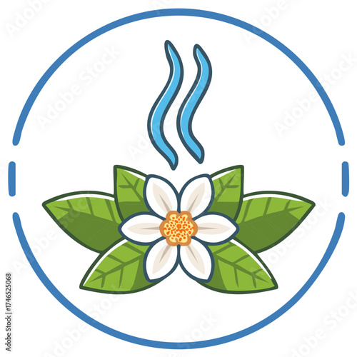 Floral aroma emblem with flower and leaves inside blue circle, smell symbol