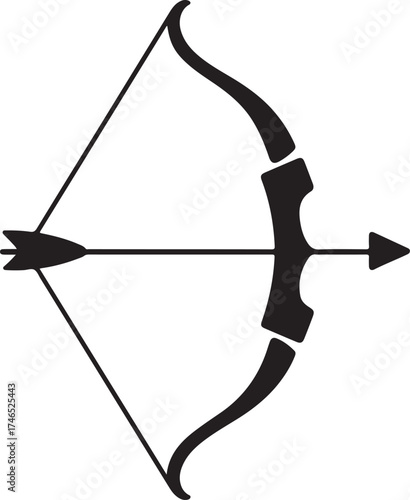 Black silhouette of a bow and arrow on a white background Keywords: bow, arrow, archery, weapon, sport, hunting, target, aim, shoot, projectile, string, shaft, fletching, arrowhead, bowstring