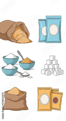 A collection of various types of granulated and cubed sweeteners for culinary use in different packaging.