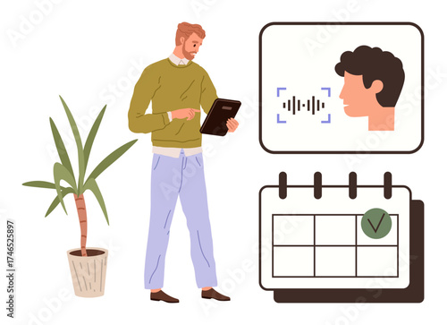 Man interacting with a tablet, voice recognition interface, calendar with checkmark, and potted plant. Ideal for technology, productivity, task management, voice control, AI scheduling