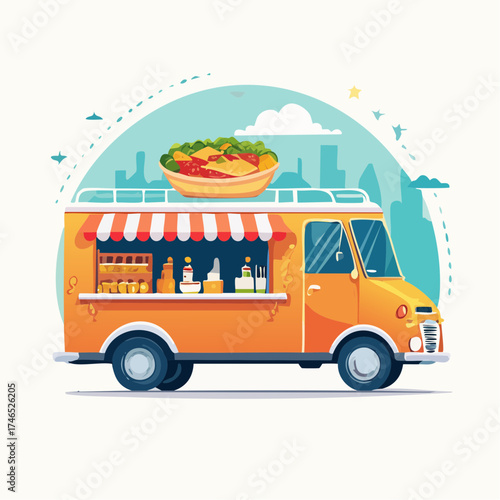 Cartoon food truck with fresh salad illustration for culinary concepts