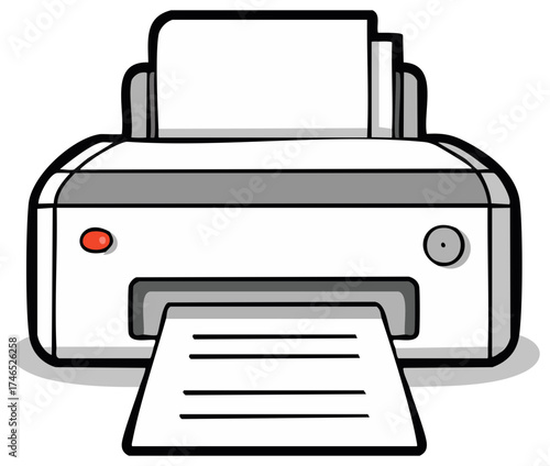 Cartoon style printer with paper documents coming out, office supplies illustration.