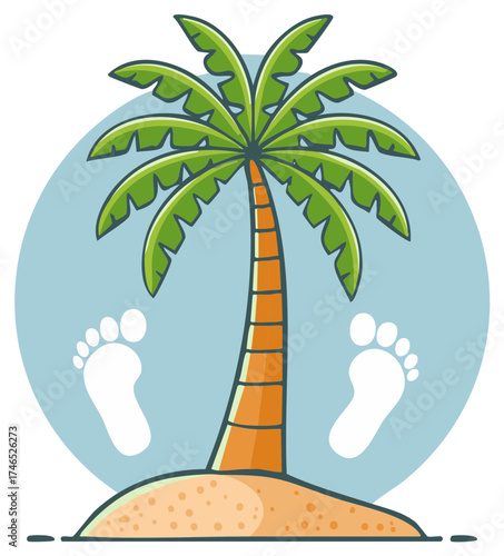Tropical desert island cartoon with a lone palm tree and footprints vector illustration
