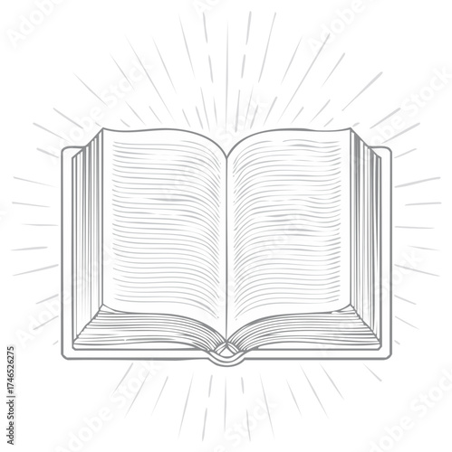 Open book with radiating lines illustration symbolizing knowledge wisdom and inspiration