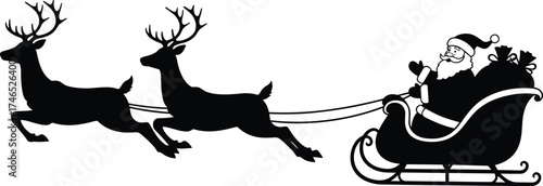 Santa Claus sleigh silhouette, reindeer pulling, Christmas Eve flight, holiday tradition, festive winter scene, magical journey, seasonal celebration, Christmas illustration design
