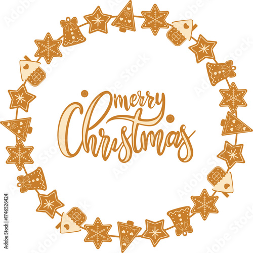 Vector illustration of a Christmas wreath made of gingerbread cookies with handwritten Merry Christmas text. Festive clipart on a transparent background