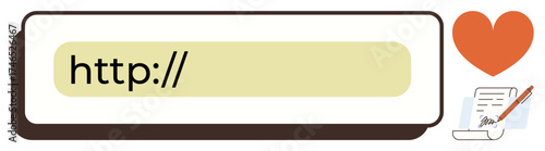 Input bar displaying http, accompanied by a heart symbol and a document with a pen. Ideal for web links, online love, content creation, feedback forms, connection, writing and self-expression. Clean