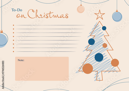 Christmas To-Do list with cute pine decorated tree and hanging toys. Holiday reminder, postcard and memo. Vector illustration.