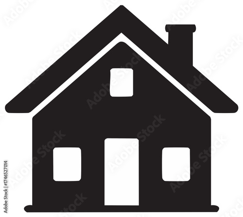 Simple black silhouette of a detached house with a pitched roof and chimney