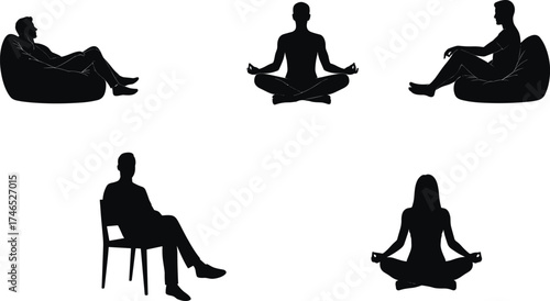 Seated silhouettes, meditation, bean bag relaxation, formal sitting, cross-legged posture, ergonomic seating, mindfulness, leisure activity, lifestyle, comfort and body language illustration